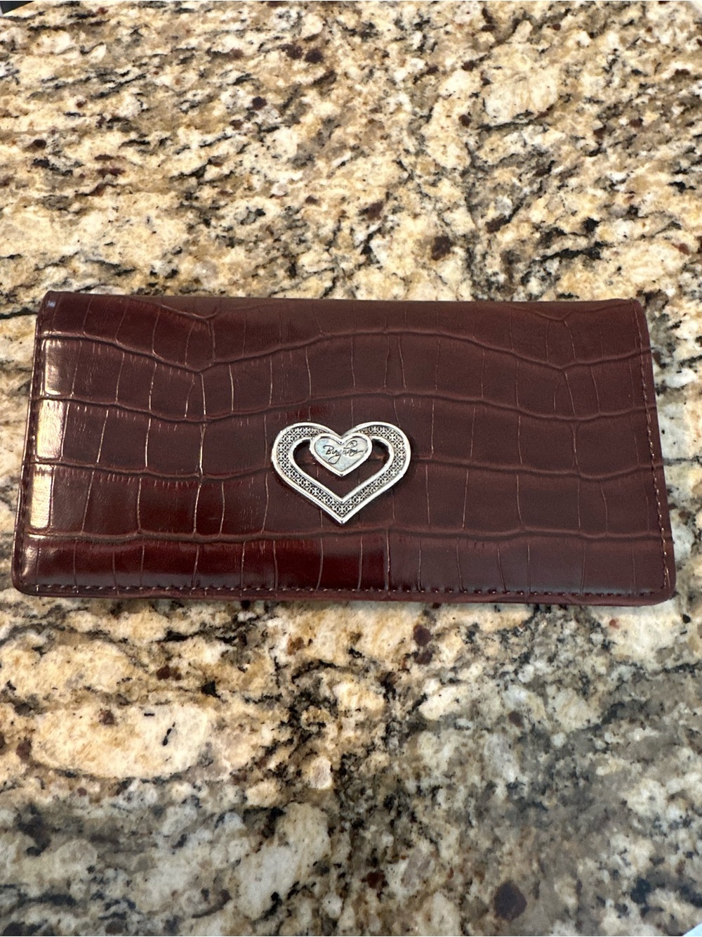 Brighton Burgundy Croc-Embossed Wallet with Silver Heart Emblem